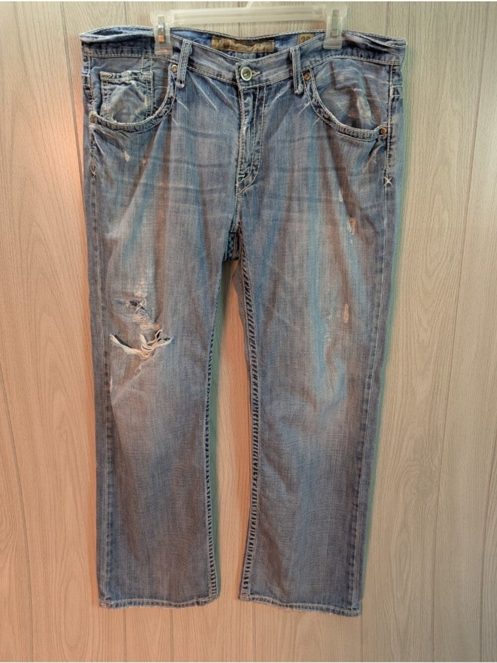 Distressed BKE Jeans Mens 38x29 Blue Denim Light Wash Stretch Derek **